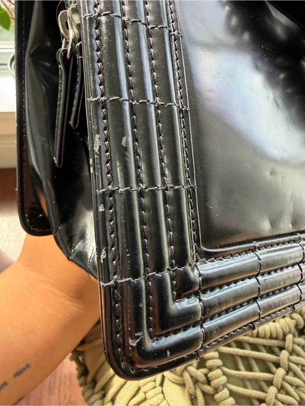 CHANEL Black Patent Satchel with Silver-Tone Chain